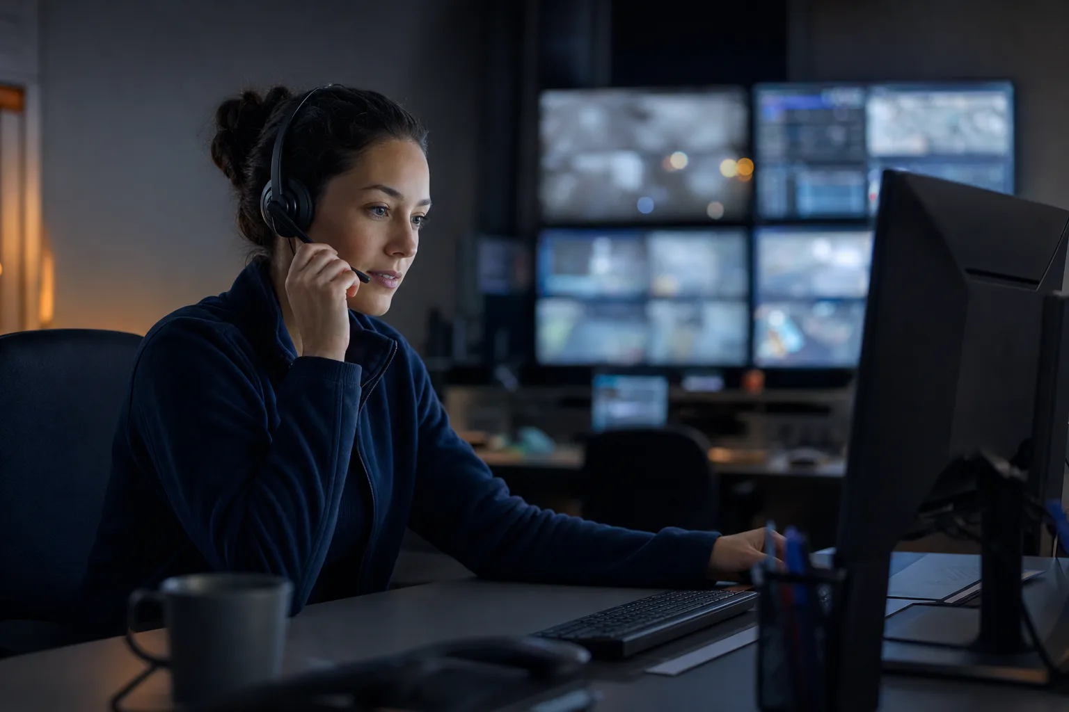 Operadora atendiendo la central de monitoreo