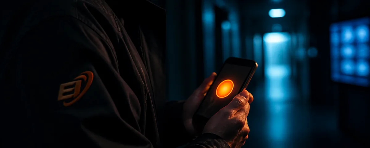 Una mano sostiene un celular con el botón de emergencia encendido en un pasillo a oscuras.