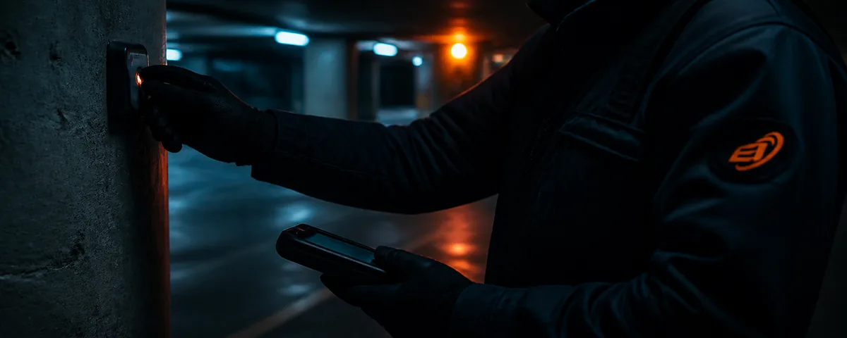 Vigilador marcando un punto de control en una cochera vacía de noche.